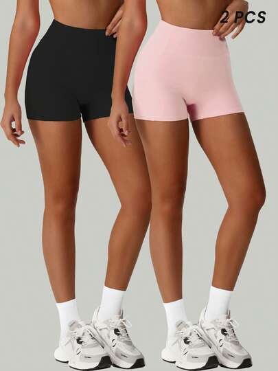 2 Pcs Summer Women No Front Seam Hip Lifting Breathable Fitness Yoga Cycling Shorts Athletic Training Active Gym Shorts Sports Running Shorts