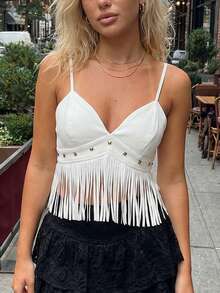 Women's Y2K Studded Tassel Fringe Camisole Tank Top Spaghetti Strap V Neck Faux Leather Cami Crop Tops Sleeveless Backless Sim Fit Suede Vest Shirt Vintage 70s Hippie Cowgirl Cowboy Country Concert Western Camisole Concert Vintage Outfits Streetwear - 白色 - 查看 3