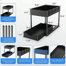 1 pieza Organizador de cajón corredizo de 2 niveles debajo del fregadero, estantería extraíble multifuncional con ganchos, estante de almacenamiento resistente para encimera de baño o cocina para cosméticos, artículos de tocador, especias, botellas y suministros de limpieza - Negro - Ver 7
