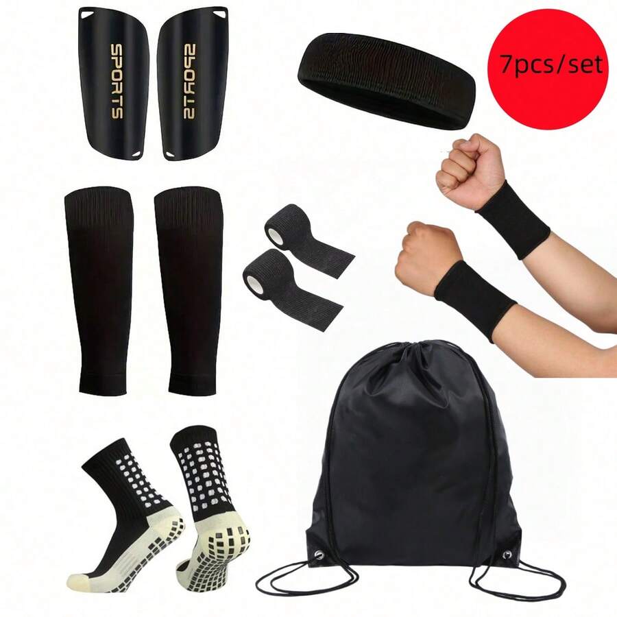 7件套足球运动装备套装,包括硅胶防滑腿套、针织袜套、护腿板、运动头带、抽绳背包、弹性压缩腕带和运动胶带,纯色,可手洗/机洗,是送给热爱足球和户外运动的家人和朋友的绝佳圣诞礼物。 - 彩色 - 查看 1