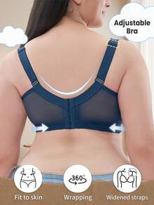 Plus Size Floral Lace Underwire Bra, Wide Strap Comfortable Style, Full Cup Design, Exquisite Lace Details, Supportive Underwire For Lifted Bust - Blue - View 4