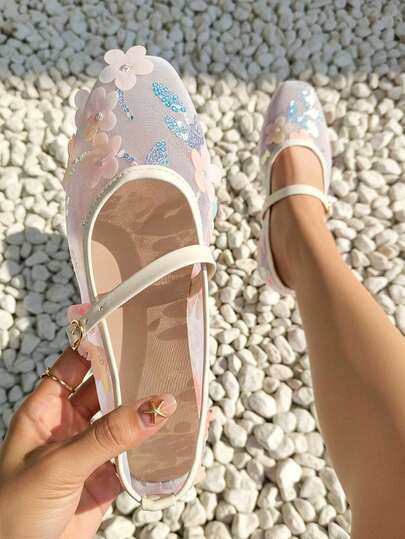 planare Women's Fashionable Elegant Lightweight Breathable Flat Shoes, Paired With Strap & Buckle For Comfortable & Secure Wear, Suitable For Casual Daily And Dance, Decorated With Shiny Sequins And Butterfly For Dynamic Look Under Lighting