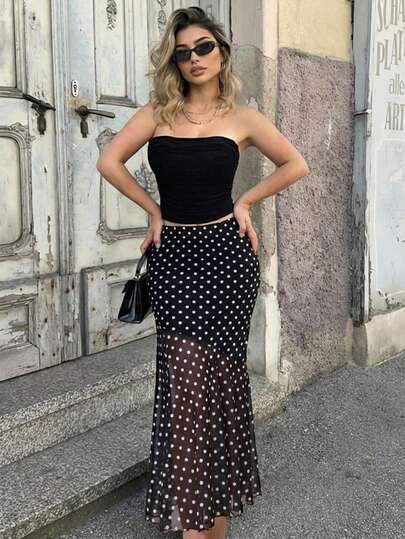Women's Elegant Black Polka Dot Mesh Mermaid Midi Skirt, Chic Sexy Vintage Skirt