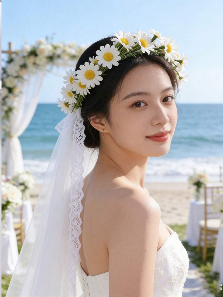白色雏菊丝带花环 - 非常适合派对、节日、海滩和婚礼 - 均碼 - 查看 1