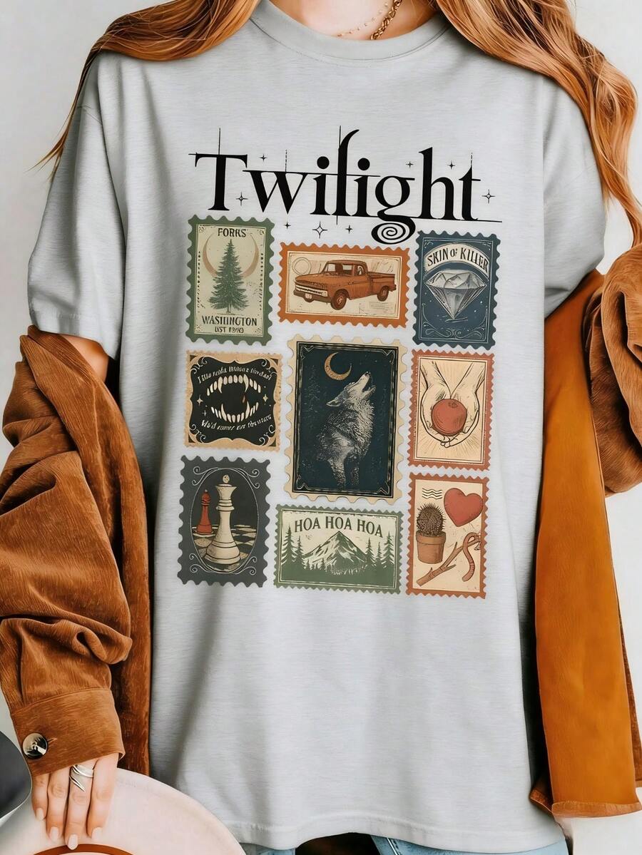 Vintage Twilight Movie Women T-Shirt, Retro Vampire And Wolves Graphic Tee, Y2K Oversized Classic 2000s Film Aesthetic Apparel, GothicHorror Romance - 灰色 - 查看 1