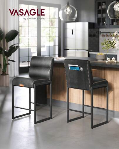 VASAGLE EKHO Collection - Bar Stools Set Of 2, Counter Height Stools With Backs, 26.4-Inch Barstools Chairs, Synthetic Leather With Stitching, Mid-Century Modern, Dining Kitchen Island