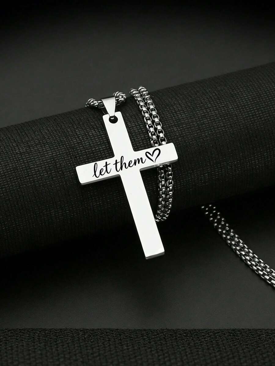 Stainless Steel "Let Them Love Me" Cross Necklace, Faith-Themed Jewelry Gift, Durable Design For Men