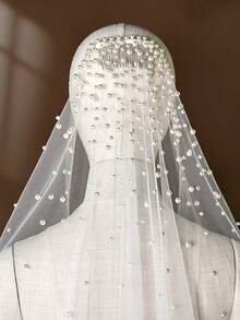 1pc Single Layer Tulle Long Bridal Veil With Pearls, 3 Meters Cathedral Length Wedding Veil For Women - Ivory - View 6
