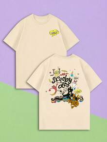 Whysmera SHEIN X SCOOBY-DOO Loose Short Sleeve T-Shirt, Fun Cartoon Dog Letter & Paw Print Combo Print, American Retro Commemorative Style - Apricot - View 2