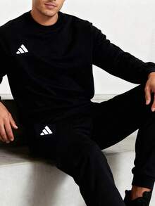 Adidas 男士運動套裝，極簡舒適親膚運動衫，中腰直筒長褲，休閒兩件套 JE3837+JY8568 - 黑色/白 - 查看 1