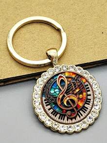 1个音乐图案圆形钥匙扣，适用于包包、钥匙，是万圣节、感恩节、圣诞节、周年纪念日的理想礼物。 - 金色 - 查看 3