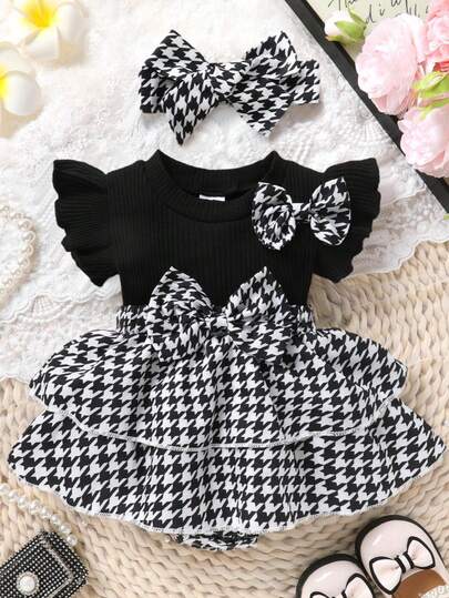 2pcs,Baby Girl,Casual,Cute,Fashion,Soft,Comfortable,Bow-Decorated Houndstooth Cake-Style Tiered Ruffled Bodysuit Dress And Headband Set,Baby Girls Clothes,Newborn Baby Girl Clothes,Baby Stuff,Suitable For Everyday ,Vacations,Parties,Taking Photos