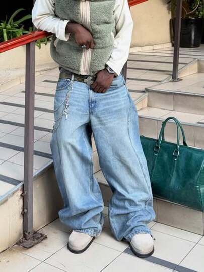 Men's Vintage Washed Loose Fit Straight Leg Jeans, Casual American Street Style Pants