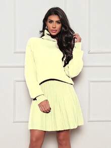 Two-Piece Modal Knit Set: Turtleneck Blouse With Skirt. - Apricot - View 2