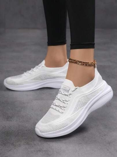 25 Years Women's Breathable Knit Black & White Lace-Up Flat Comfortable Casual Sneakers, Suitable For Back To School, Valentine's Day, Casual Wear, Street, Commute