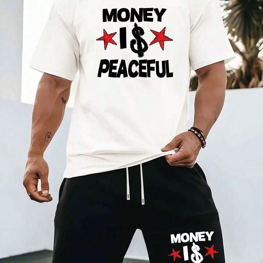1 Set Of Summer New Men's Casual Sports Casual Suit Round Neck T-Shirt Short Sleeve + Shorts, Knitted Fabric, Fashionable Personality All-Rounder, Suitable For Outdoor Activities Printed Summer Two-Piece Set. - trắng - Xem 1