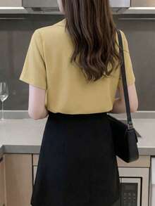 Fashionable Long Sleeve Design Satin Shirt, Solid Color Polyester, Front Button Closure Summer - Apricot - View 5