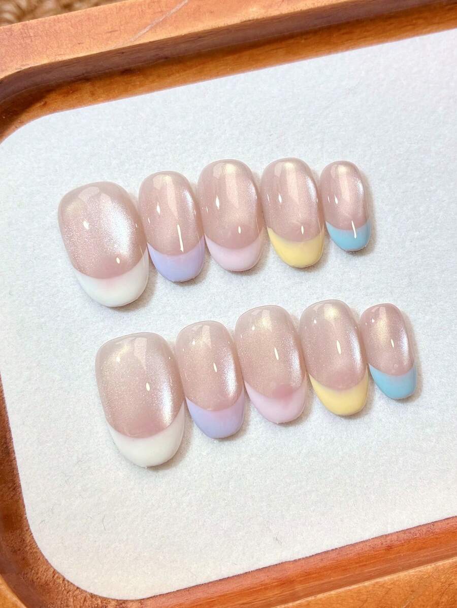 10片手工短橢圓穿戴甲,亮面裸色貓眼底色,多色馬卡龍法式指尖,可愛糖果色美甲,可重複使用假指甲,適合日常穿戴、約會與派對,附完整美甲工具組,送給女孩與女性的理想禮物 - 粉色 - 查看 1