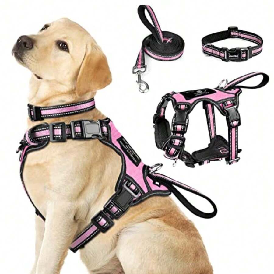 Pet Harness Collar and Leash Set All-in-one Reflective Dog Harness No Pull with Adjustable Buckles for Puppies Small Medium Large and Extra-Large Dogs Large Pink - Rosa - Ver 1