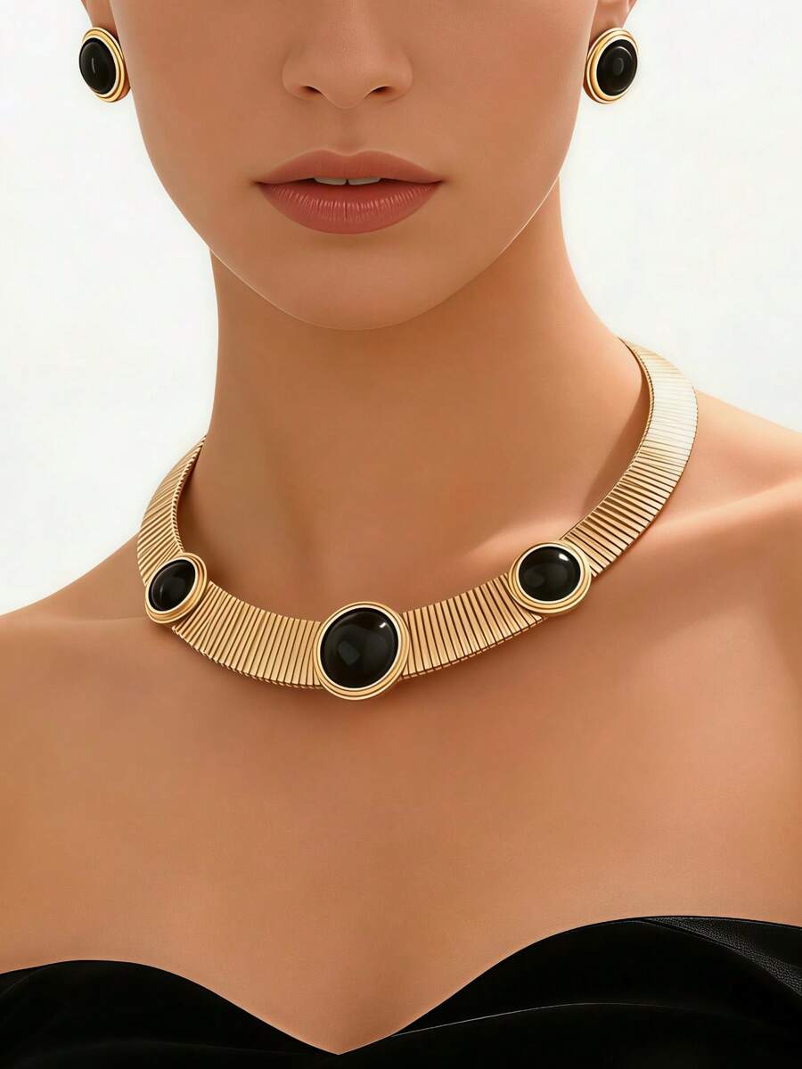 Conjunto de colar e corrente de relógio vintage de 2 peças, colar com pingente geométrico redondo martelado em acrílico preto e brincos combinando, conjunto de joias elegante e luxuosas para mulheres, acessórios para festas. - dourado + preto - Ver 1