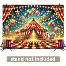 1pc Circus-Themed Polyester Backdrop Banner - Vibrant Stage Design With Red & White Stripes, Colorful Balloons, And "CIRCUS" Text - Perfect For Parties, Weddings, Birthdays, And Photo Shoots - 8.0x6.0ft, Circusthemed Decorations - Như hình minh họa. - Xem 5