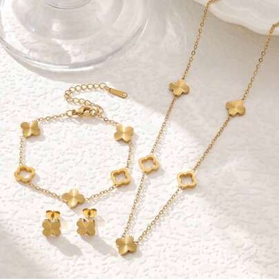 Juego de pulsera, collar y aretes de acero inoxidable con baño de oro de 18K con diseño floral artesanal, adecuado para uso en fiestas de mujeres