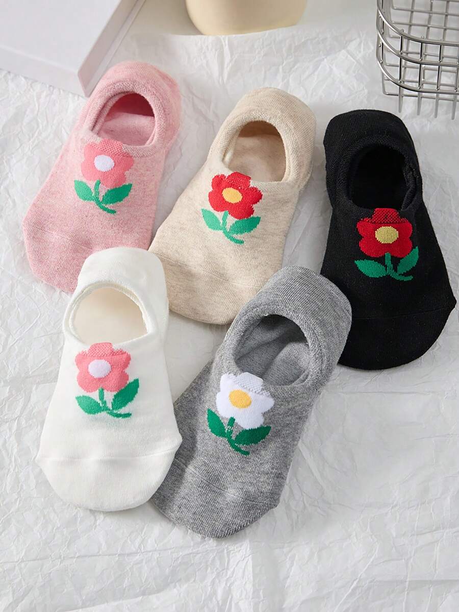 5 Pairs Women Floral Pattern Invisible Socks, Comfortable Breathable Suitable For All Seasons, Random Colors - Multicolor - View 1