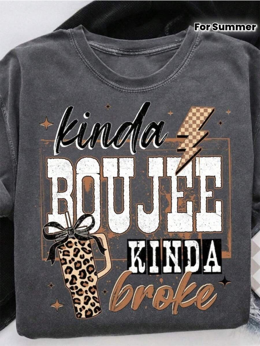 Vintage Washed Cotton Short-Sleeve T-Shirt For Women, Featuring Humorous, Elegant & Unique Anime Prints Kinda Boujee Kinda Broke Vintage T Shirts T Shirt Men Graphic - Xám - Xem 1