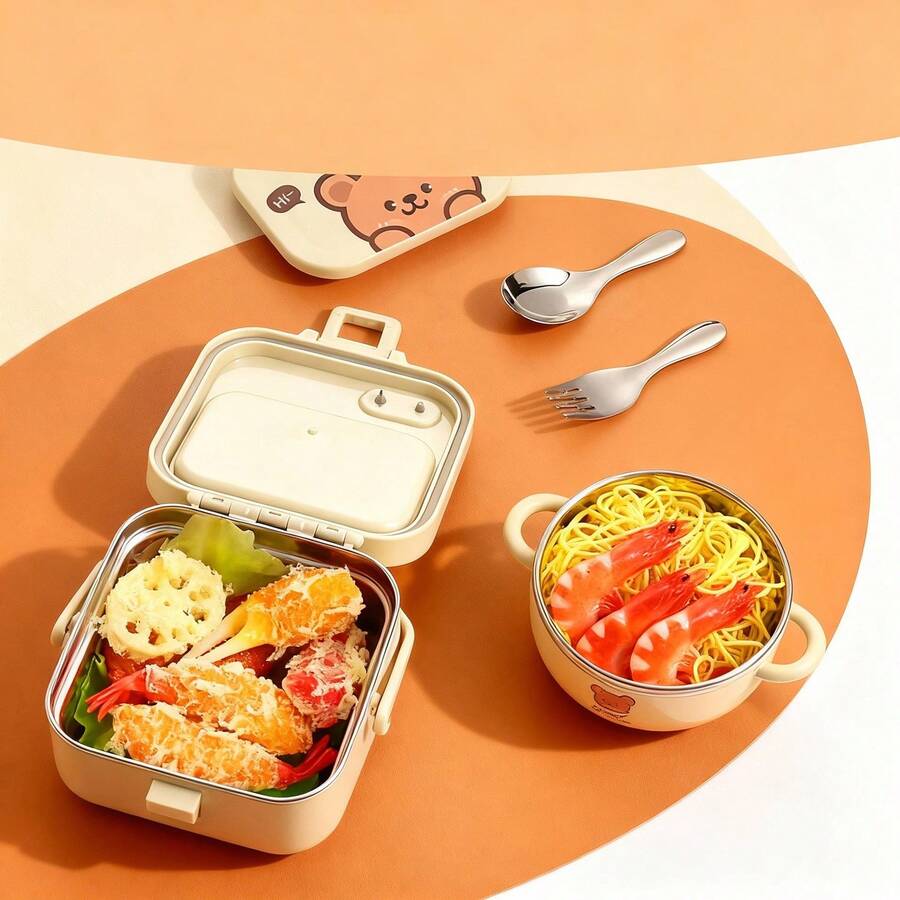 700/800ML 304 Stainless Steel Lunch Box With Cute Cartoon Pattern, Leak Proof Fruit Salad Food Container With Lid&Tableware, Portable Bento Boxe, Dishwasher & Microwave Allowable,Suitable For Student And Adult Use In School, Office, Outdoor Camping - Multicolor - View 1