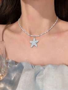 Dây chuyền hình sao biển Dopamine và hạt cườm phong cách kỳ nghỉ hè bên bờ biển, vòng cổ choker đính hạt ngọt ngào và tươi mát dành cho nữ. - sao biển - Xem 2