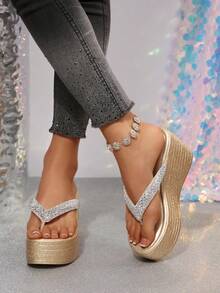 女士厚底坡跟凉鞋，休闲厚底凉鞋，时尚坡跟凉鞋，露趾踝带凉鞋，优雅夏季草编鞋 - 金色 - 查看 5