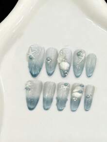 10入中長杏仁形手工穿戴式甲片，派對與日常穿搭適用，藍色美甲，美人魚公主藍色海洋貝殼3D夏季海灘手工美甲藝術，夏季美甲，易穿戴，閃亮亮，適合女孩與女性節慶派對及日常穿搭 - 淺藍色 - 查看 2