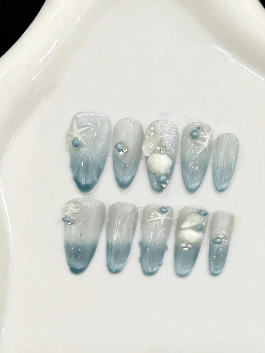 10入中長杏仁形手工穿戴式甲片，派對與日常穿搭適用，藍色美甲，美人魚公主藍色海洋貝殼3D夏季海灘手工美甲藝術，夏季美甲，易穿戴，閃亮亮，適合女孩與女性節慶派對及日常穿搭