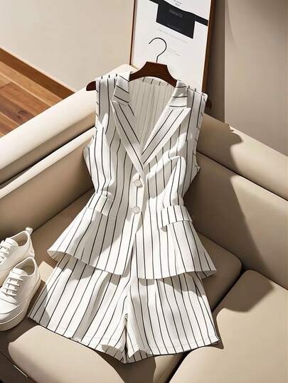 Bộ áo blazer không tay thắt eo in họa tiết kẻ sọc và quần short dáng chữ A dành cho nữ, phù hợp cho công sở và mặc hàng ngày.