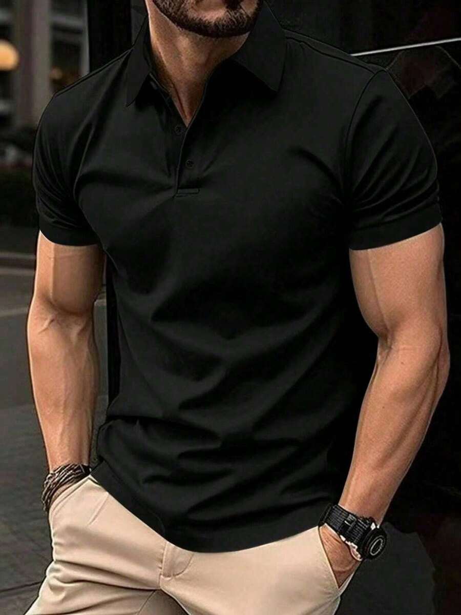 Plus-Size Men's Casual Solid Color Golf Polo Shirt For Summer (1 Piece) - Black - View 1
