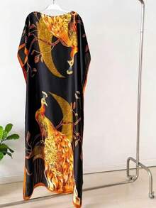 1件优雅佩斯利印花轻薄雪纺披肩，女士夏季沙滩防晒缎面围巾，假日 - 黑色 - 查看 2