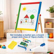 Wooden Art Easel – 2-In-1 Double-Sided Whiteboard & Blackboard, Height Adjustable 360° Rotating Drawing Board, Educational Creative Toy - Natural Wood Color - View 5