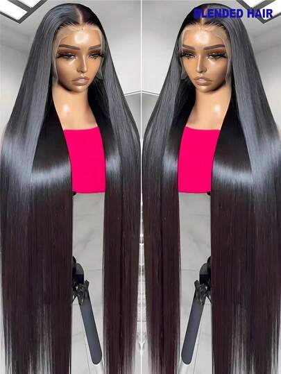 30英寸蕾丝前假发，真人混纺发丝，预先拔毛，带婴儿绒毛，13x4直发，高清透明蕾丝前片，适合女性日常佩戴，200%密度，自然发际线，时尚#1B黑色