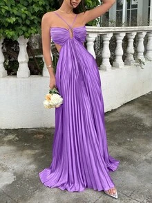 Summer Solid Purple Strapless Ruched Backless Dress | Bohemian Elegant Sexy, Suitable For Date Night, Party And Valentine's Day Wedding Spring - Purple - View 8