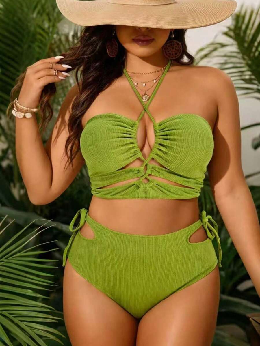 Plus Size Sexy High Elasticity Bandeau Bikini Set, Elegant Ruched Hollow-Out Criss-Cross Swimwear