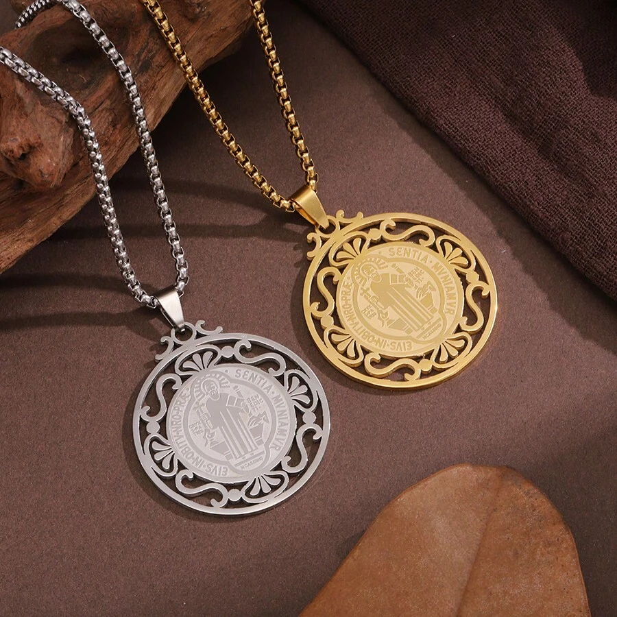 1pc Gothic Round St. Benedict Vintage Stainless Steel Pendant Necklace For Men, Sweater Chain - Silver - View 1