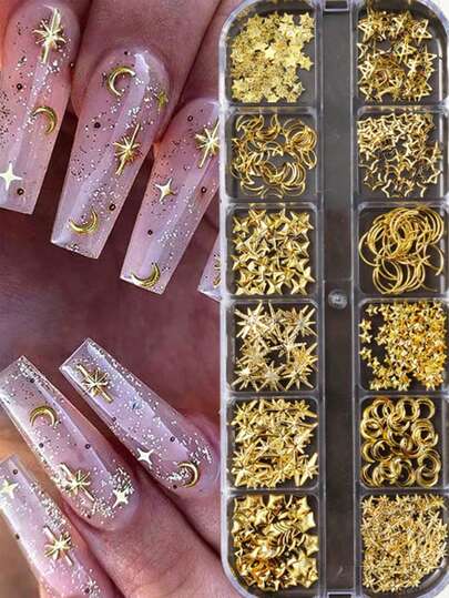 Set de 12 piezas de decoraciones para uñas con estrellas y corazones de lentejuelas doradas con estilo Y2K, decoración de uñas con brillo, suministros de arte de uñas hechos a mano, accesorios de uñas con estética Y2K, adecuados para maquillaje y herramientas de estilismo de uñas - Suministros de arte de uñas - Decoración de uñas navideña - Arte de uñas para el Día de San Valentín