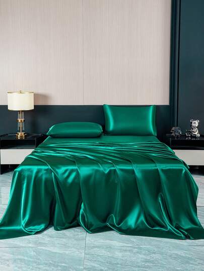 4pcs Solid Color Moss Green Satin Imitation Silk Bedding Set, Includes 1 Bed Skirt, 1 Flat Sheet And 2 Pillowcases (Pillow Inserts Not Included). Luxury Satin Bed Skirt Set, Available In Super King, King, Queen, Twin Sizes. Bed Skirt Depth Up To 11.8 Inches. Satin Pillowcases Are Soft, Breathable And Wrinkle-Resistant, Enhancing Sleep Quality And Exuding A Luxurious Hotel Vibe. An Ideal Gift For Parents, Friends, Dorm Bedding Or Back-To-School Bedding.