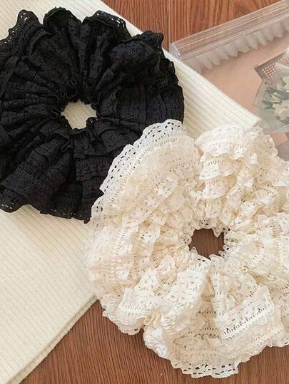 1Pc Elegant Black White Lace Scrunchies, Faux Silk Floral Pattern Hair Bands, Soft Stretchy Hair Accessories For Women Daily Wear