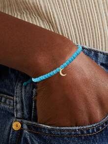 FOREVER QUEEN 1件925纯银海蓝宝石玛瑙手工串珠月亮、星星、四叶草手链，适合女性和女孩佩戴 - 綠松石 - 查看 9