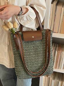 Minimalist Large Capacity Tote Bag, Rainbow Shoulder Bag - Green - View 7