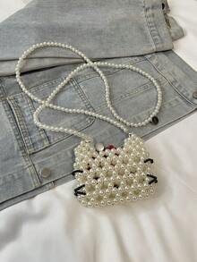 手工迷你珍珠包，时尚单肩斜挎零钱包，可爱卡通设计 - 米色 - 查看 4