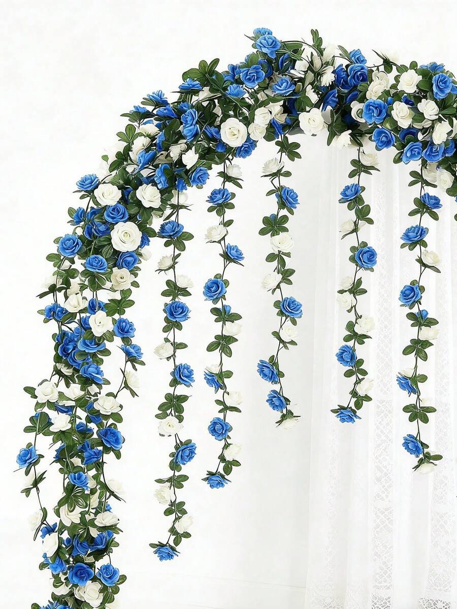 1/3/10 piezas Flor de rosa artificial colgante de 240 cm, enredadera de hiedra perenne falsa con hojas verdes, adecuada para decoración del hogar, decoración de habitaciones, decoración de jardines, decoración de paredes, decoración interior/exterior, decoración de dormitorios, decoración de bodas, decoración de mesas de comedor, decoración de fiestas, decoración de cumpleaños, decoraciones de primavera - Azul y blanco - Ver 1