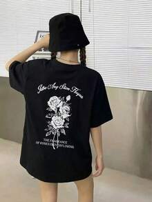 女士圆领宽松休闲字母玫瑰花印花短袖T恤，春夏款，黑色 - 黑色 - 查看 3