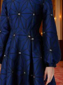 DEVCHATA 女士提花几何图案派对连衣裙，翻领，长袖，轻盈奢华，优雅风格，适合宴会、派对、晚宴、圣诞节、节日、新年等场合，秋季也可穿着，随机花卉图案 - 藍色 - 查看 6